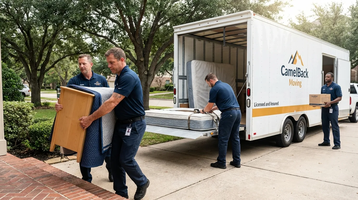 Crew loading residential truck for cross-state move from Harristown, IL