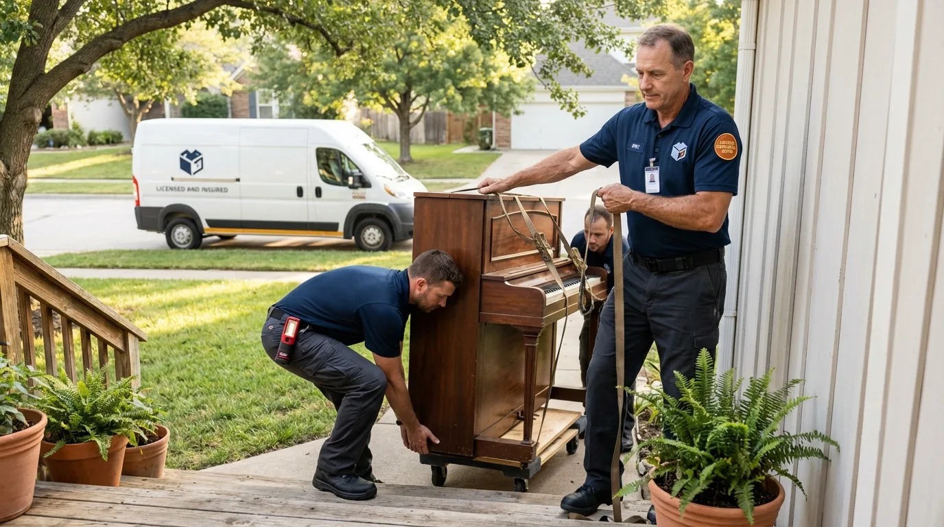 Licensed piano movers securing grand piano in Harristown, IL