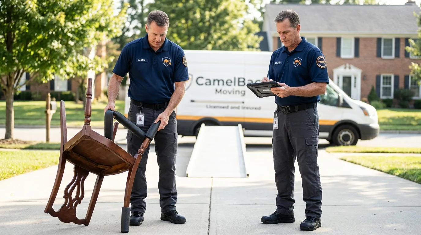 Movers inspecting furniture for damage prevention before loading in Harristown, IL