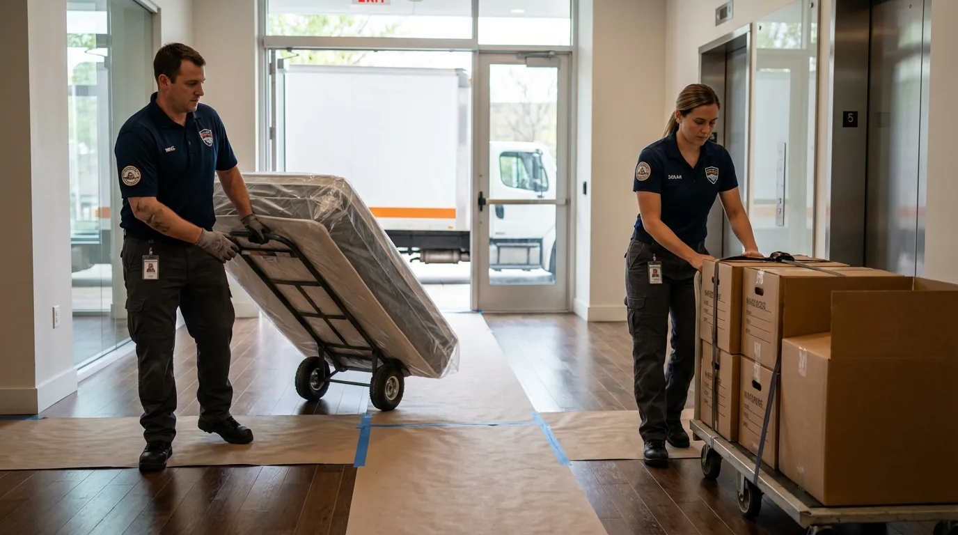 Professional apartment movers loading elevator in Harristown, IL