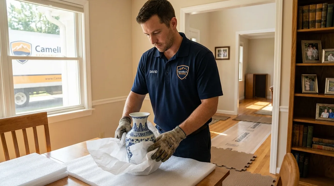Professional crew carefully wrapping antique vase for senior downsizing move in Harristown, IL