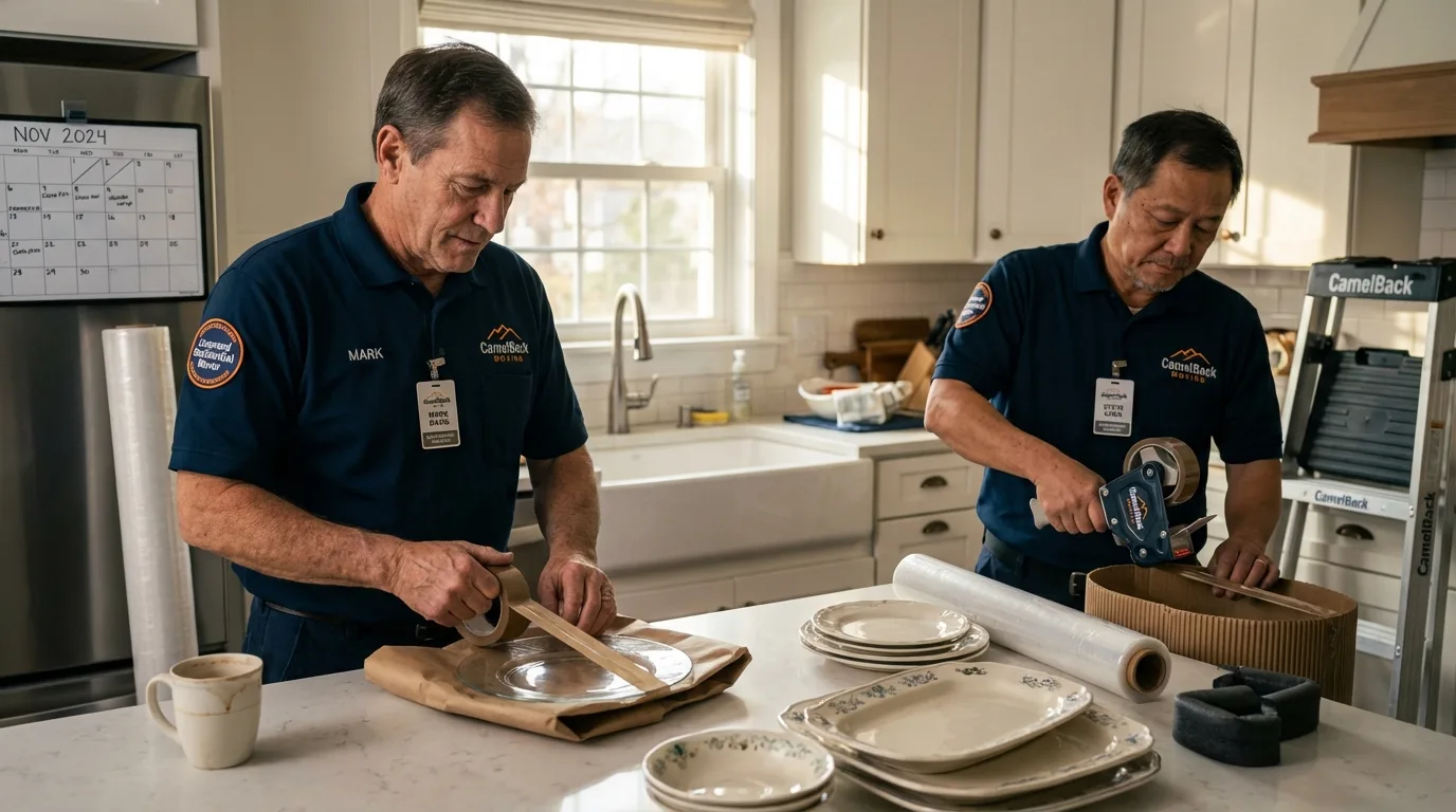 Professional crew packing kitchen dishware in Harristown, IL